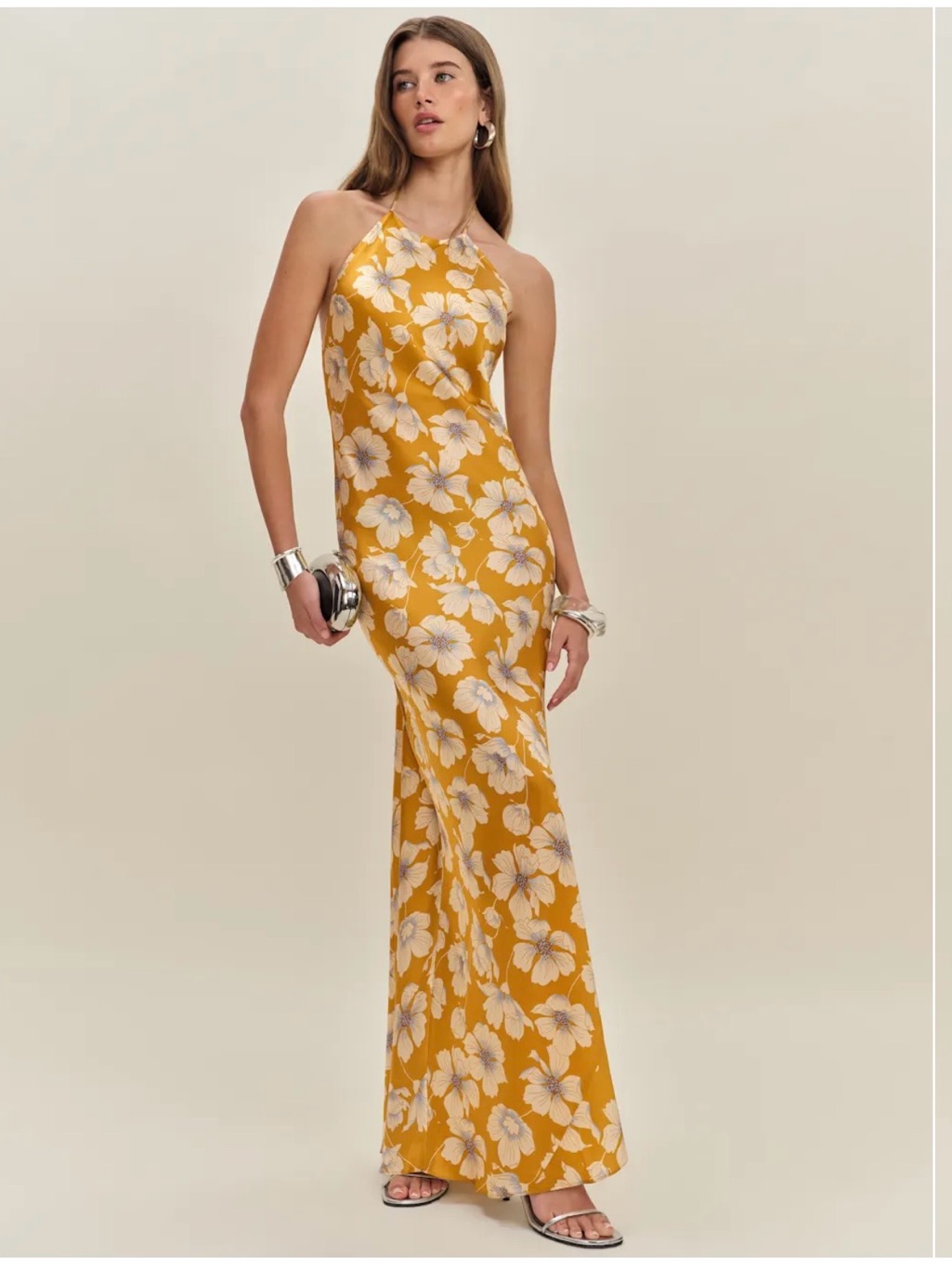 Reformation Jeany Silk Dress - Yellow (Mango) Halter Floral Maxi Dress